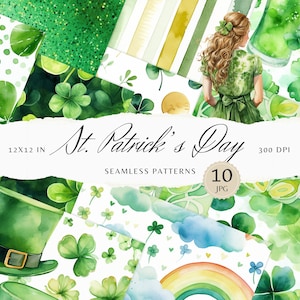 Watercolor St. Patrick&#39;s Day Seamless Patterns, Floral Pattern JPEG, Shamrock Digital Download, Green Repeating pattern, Scrapbook Paper