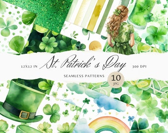 Watercolor St. Patrick&#39;s Day Seamless Patterns, Floral Pattern JPEG, Shamrock Digital Download, Green Repeating pattern, Scrapbook Paper
