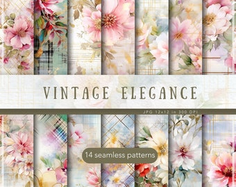 Seamless Watercolor Floral Patterns, Rustic Old Vintage Textures, JPEG Repeating Pattern, Digital Download Papers, Infinite Scrapbook Paper