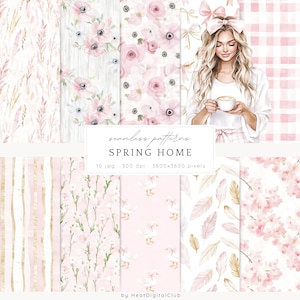 Aquarell Frühling Haus nahtlose Muster, Blumenmuster JPEG, rosa Frühling niedlich digitaler Download, Streifen-Muster, Scrapbook Papier