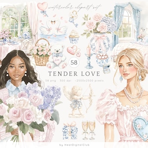 Paquete de imágenes prediseñadas del Día de San Valentín de Grandmillennials en acuarela, PNG romántico elegante, imágenes prediseñadas de amor, pegatinas de descarga digital, uso comercial