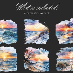 May include: A set of 12 watercolor illustrations of seascapes with sunsets. The illustrations feature a variety of scenes, including a beach with dunes, a rocky shore, and a wave crashing on the water. The colors are soft and muted, with shades of blue, pink, orange, and yellow.
