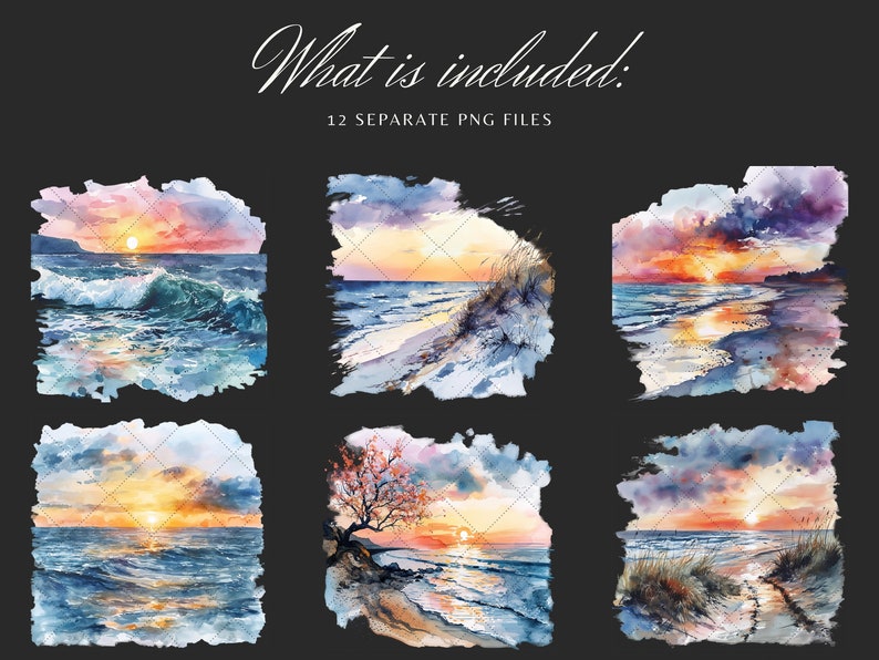 May include: A set of 12 watercolor illustrations of seascapes with sunsets. The illustrations feature a variety of scenes, including a beach with dunes, a rocky shore, and a wave crashing on the water. The colors are soft and muted, with shades of blue, pink, orange, and yellow.