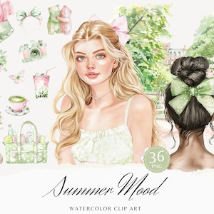 Paquete de imágenes prediseñadas de estado de ánimo de verano en acuarela, clip art femenino pastel, gráficos de verano, hermosa chica de temporada Floral Cottagecore, descarga digital