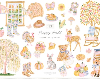 Watercolor Preppy Fall Clipart Bundle, Colorful Autumn Animals Pumpkins Floral PNG Collection (Digital Download)