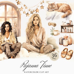 Aquarell Pyjama Zeit Clipart Bundle, Selbstfürsorge Clip Art, Entspannung, Selbstliebe, gemütliches Bett PNG, digitaler Download Aufkleber, kommerzielle Nutzung