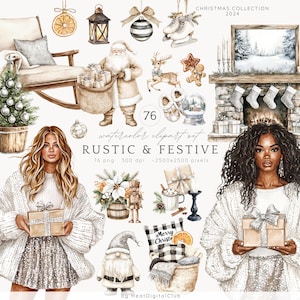 Aquarell rustikale Weihnachten Clipart Bundle, Weihnachtsverzierungen Clipart, gemütliches Weihnachten PNG, festliche Boho Weihnachten, Weihnachtsbaum Clip Art