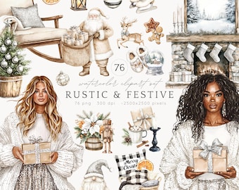 Akvarell jul Clipart-paket, rustik festlig PNG (digital nedladdning)