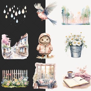 Akvarell regnig vår Clipart, mysig vår Clip Art, blommig grafik, söt vår, blommor, säsongsbetonad, akvarell flicka, digitala klistermärken bild 6