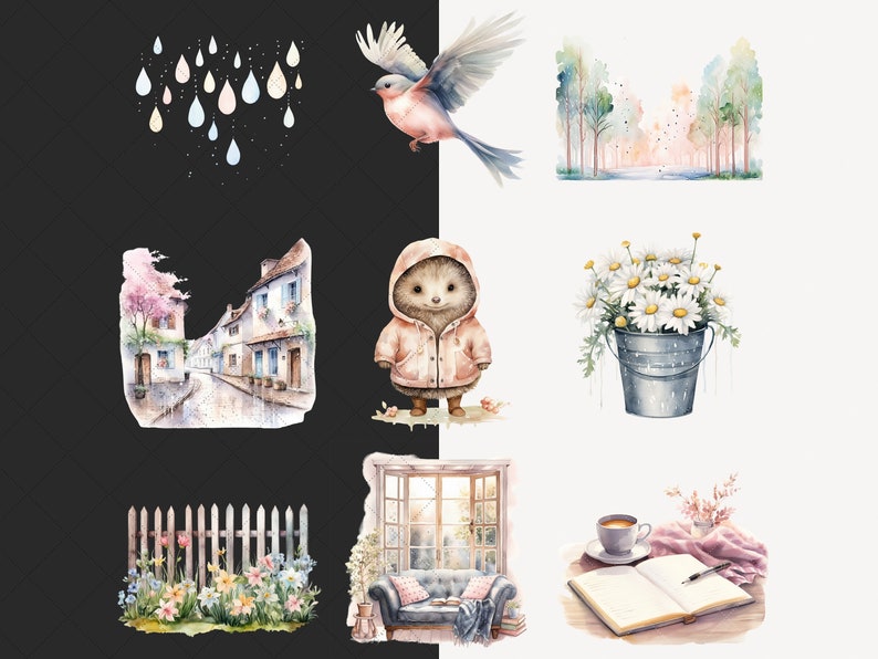 Akvarell regnig vår Clipart, mysig vår Clip Art, blommig grafik, söt vår, blommor, säsongsbetonad, akvarell flicka, digitala klistermärken bild 6