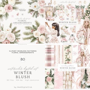 Clipart de Blush de Inverno em Aquarela, Pacote de Clip Art de Inverno Aconchegante, Feriados PNG, Férias de Inverno PNG, Clipart Cottagecore, Download Digital