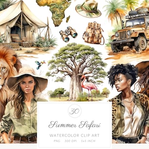 Paquete de imágenes prediseñadas de safari africano de verano en acuarela, imágenes prediseñadas de animales y pájaros de safari lindos PNG para uso comercial, pegatinas para hacer tarjetas de cumpleaños