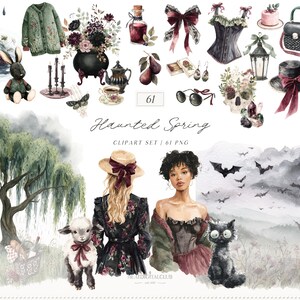 Puede incluir: Conjunto de im&aacute;genes predise&ntilde;adas de acuarela "Haunted Spring" con varias ilustraciones de tem&aacute;tica g&oacute;tica. Incluye una rebeca verde, un conejo negro, un caldero de bruja, un cors&eacute;, un bolso negro, un cuervo y dos mujeres.