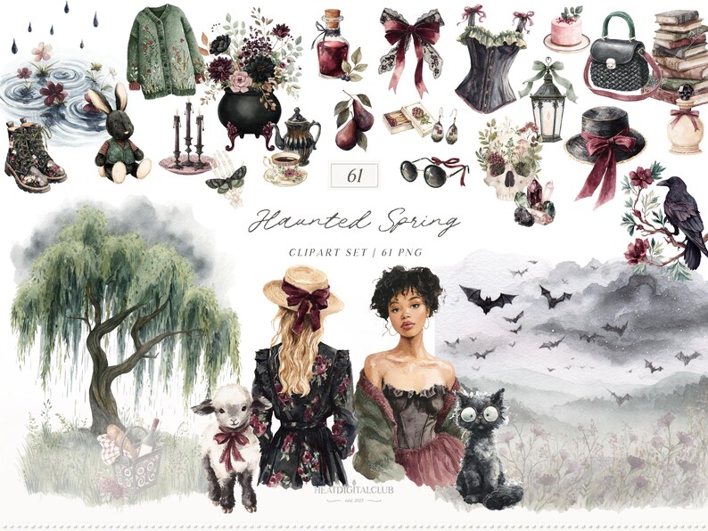 Puede incluir: Conjunto de im&aacute;genes predise&ntilde;adas de acuarela "Haunted Spring" con varias ilustraciones de tem&aacute;tica g&oacute;tica. Incluye una rebeca verde, un conejo negro, un caldero de bruja, un cors&eacute;, un bolso negro, un cuervo y dos mujeres.