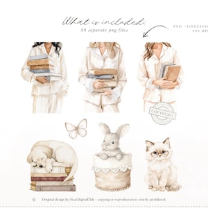 Op de afbeelding: Waterverfillustraties van vrouwen in pyjama's met boeken, een slapende hond op boeken, een konijn in een mand, een kat met een bril en een vlinder. Tekst luidt: "What is included: 80 separate png files."
