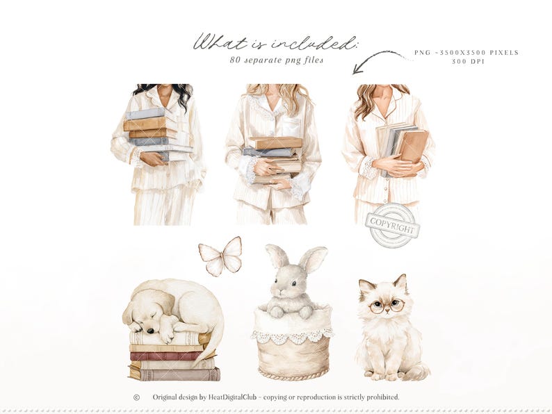 Op de afbeelding: Waterverfillustraties van vrouwen in pyjama's met boeken, een slapende hond op boeken, een konijn in een mand, een kat met een bril en een vlinder. Tekst luidt: "What is included: 80 separate png files."