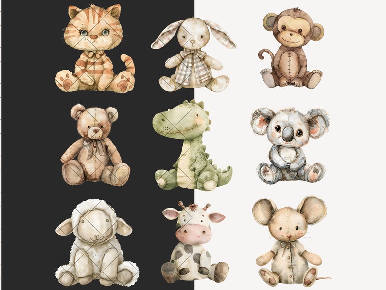Watercolor Vintage Plush Animals Clipart Bundle, Nursery Animal Clip ...