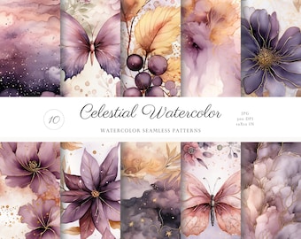 May include: Ten watercolor seamless patterns featuring butterflies, flowers, leaves, and a starry sky. The patterns are in shades of purple, gold, and white. The patterns are 12x12 inches and 300 DPI.