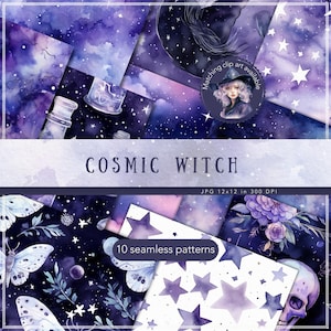 Aquarell kosmische Hexe nahtlose Muster, Galaxy Muster JPEG, romantischer digitaler Download, verträumter Raum, sich wiederholendes Muster, Scrapbook-Papier