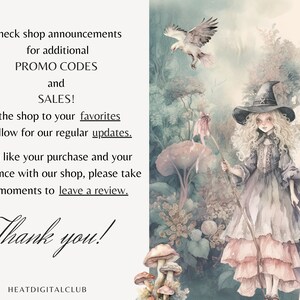 May include: A watercolor illustration of a young witch with long blonde hair wearing a pink and purple dress and a black witch hat. She is holding a stick with a pink ribbon attached to it. The background is a forest with mushrooms and a bird flying in the sky. The text "Check shop announcements for additional PROMO CODES and SALES! Add the shop to your favorites and follow for our regular updates. If you like your purchase and your experience with our shop, please take a few moments to leave a review. Thank you! HEATDIGITALCLUB" is at the bottom of the image.