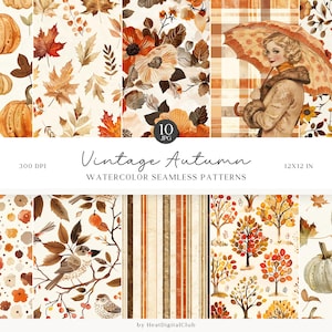 Watercolor Vintage Autumn Seamless Patterns,  Fall Pattern JPEG, Floral, Stripes, Digital Download, Repeating pattern Scrapbook Paper