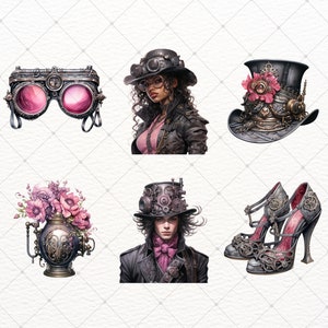 May include: A set of six steampunk-themed illustrations featuring a woman with pink hair wearing a black leather jacket and a top hat, a woman with black hair wearing a black leather jacket and a top hat, a pair of black and silver high-heeled shoes, a pair of goggles with pink lenses, a vase with pink flowers and a top hat with gears and a pink flower.
