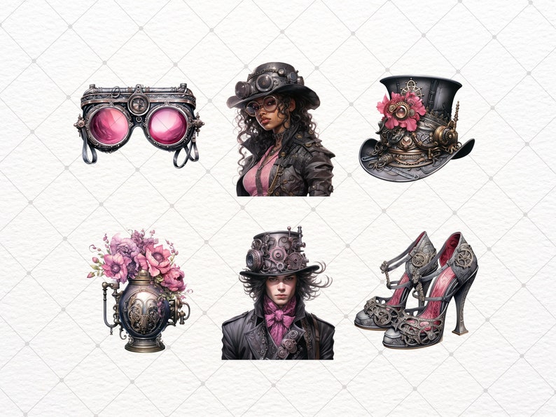 May include: A set of six steampunk-themed illustrations featuring a woman with pink hair wearing a black leather jacket and a top hat, a woman with black hair wearing a black leather jacket and a top hat, a pair of black and silver high-heeled shoes, a pair of goggles with pink lenses, a vase with pink flowers and a top hat with gears and a pink flower.