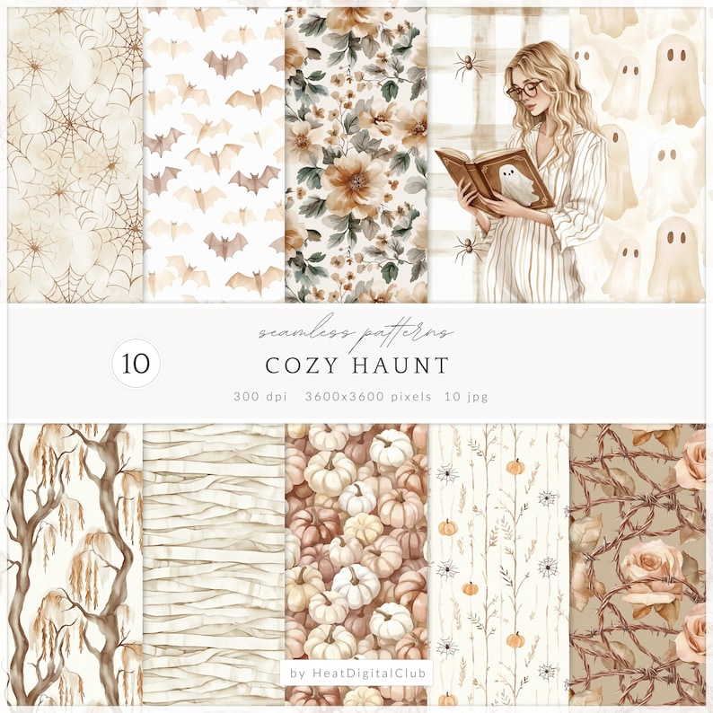 May include: A collection of ten seamless patterns with a cozy, autumnal theme. Designs include spiderwebs, bats, floral arrangements, pumpkins, and ghosts. The patterns are in shades of brown, beige, and cream, with the text "COZY HAUNT".