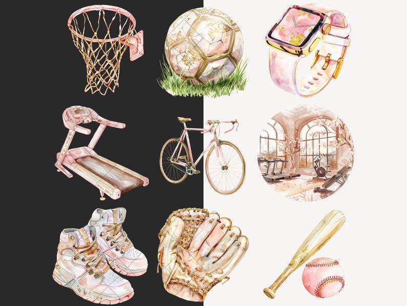 May include: A set of watercolor illustrations featuring various sports and fitness equipment, including a basketball hoop, soccer ball, bicycle, treadmill, running shoes, baseball bat, baseball, and a smartwatch. The illustrations are in shades of pink and gold.