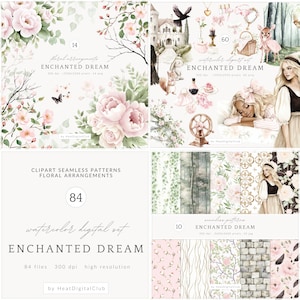 Aquarelle de la Belle au bois dormant Clipart, rêve enchanté de conte de fées ensemble PNG, Clipart fille, Rose magique, éléments de la forêt romantique, téléchargement numérique