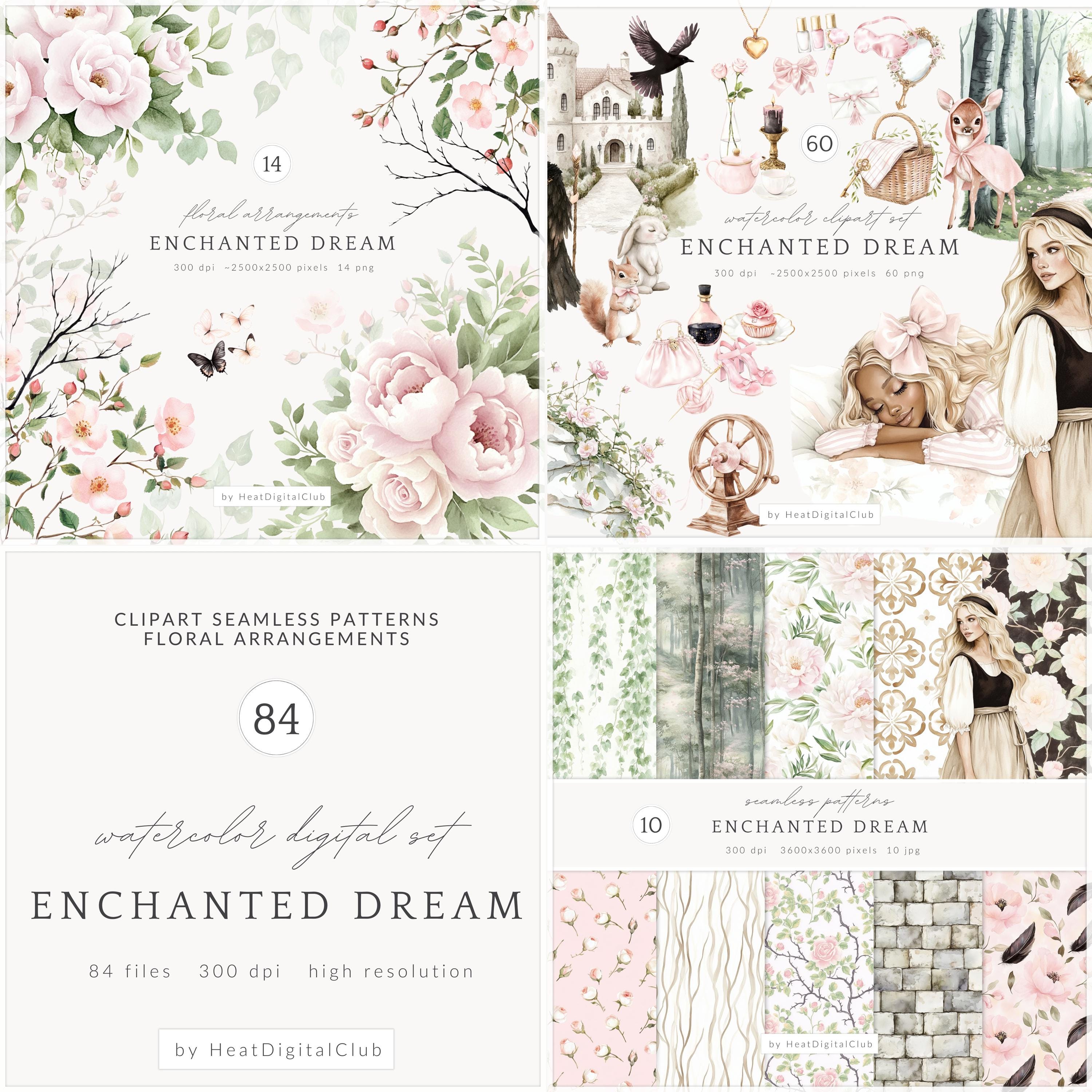Watercolor Sleeping Beauty Clipart, Enchanted Dream Fairytale PNG Set, Girl Clipart, Magic Rose, Romantic Forest Elements, Digital Download