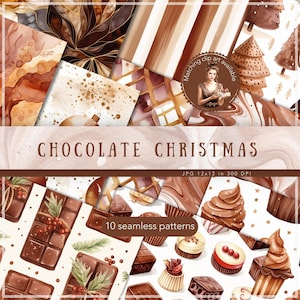 Peut inclure: Dix motifs de papier numérique sur le thème du Noël au chocolat. Les motifs comprennent des barres de chocolat, des cupcakes, des sapins de Noël et d'autres motifs festifs en brun, or et blanc.