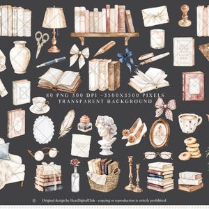 Op de afbeelding: Waterverfillustratie van diverse vintage items, waaronder boeken, een lamp, een schaar, een kopje en een stoel. De afbeelding heeft een neutraal kleurenpalet met een focus op antieke en literaire thema's. De tekst in de afbeelding luidt "80 PNG 300 DPI 3500X3500 PIXELS TRANSPARENT BACKGROUND".