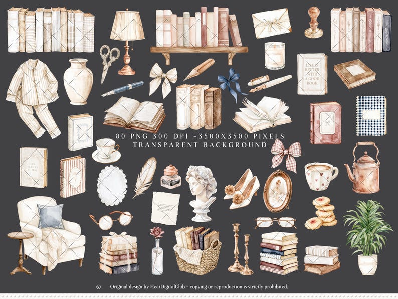 Op de afbeelding: Waterverfillustratie van diverse vintage items, waaronder boeken, een lamp, een schaar, een kopje en een stoel. De afbeelding heeft een neutraal kleurenpalet met een focus op antieke en literaire thema's. De tekst in de afbeelding luidt "80 PNG 300 DPI 3500X3500 PIXELS TRANSPARENT BACKGROUND".