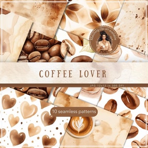 以下が含まれることがあります： コーヒー豆、ハート、コーヒーカップの水彩画イラストが描かれた、シームレスなデジタルペーパーパターン10種類。パターンは白地に茶色とベージュのグラデーションで描かれています。画像には「COFFEE LOVER」と「10 seamless patterns」のテキストが含まれています。