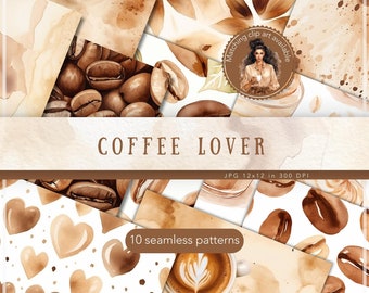 Watercolor Coffee Lover Seamless  Patterns, Coffee Pattern JPEG, Coffee Beans Digital Download, Coffee Repeating pattern, Scrapbook Paper