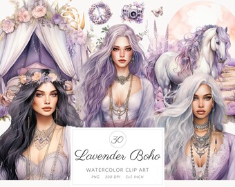 Clip art de acuarela de lavanda boho, clipart PNG de Cottagecore, vida en la cabaña, paquete de gráficos de vida boho, estilo boho étnico, vida vintage