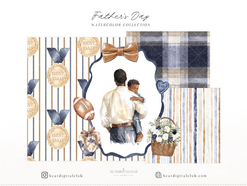 May include: Watercolor illustration with a Father's Day theme. Features a father holding a child, a football, a gift, and a basket of flowers. Includes striped and plaid patterns in blue, brown, and white. The text "Father's Day Watercolor Collection" is at the top.