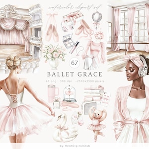 May include: A watercolor clipart set featuring ballet-themed illustrations. The set includes a ballerina in a pink tutu, a swan, a ballet barre, a pair of ballet shoes, a makeup palette, a pink robe, and a woman wearing headphones. The set is titled "Ballet Grace" and includes 67 images, each 300 dpi and 2500x2500 pixels.