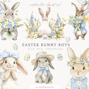 Imágenes prediseñadas de conejitos de Pascua en acuarela, conejito PNG, imágenes prediseñadas de conejitos azules, imágenes prediseñadas florales de primavera, imágenes prediseñadas de guardería, descarga digital de Pascua