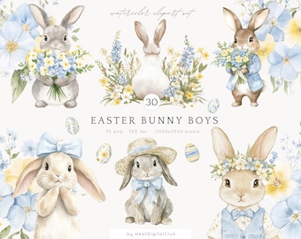 Aquarell Osterhasen Clipart, Bunny Boy PNG, Blaue Bunnies Clipart, Frühling Blumen Clipart, Kinderzimmer Clip Art, Ostern digitaler Download