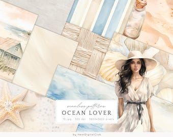 Watercolor Ocean Lover Seamless Patterns, Beach Pattern JPEG, Neutral Summer Beach  Digital Download, Repeating pattern, Scrapbook Paper
