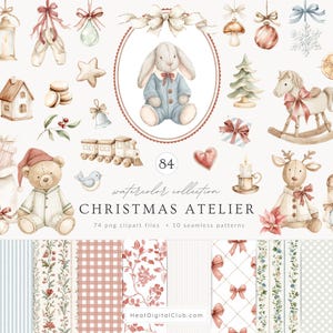 May include: A watercolour collection of Christmas-themed clipart, including a bunny, teddy bear, and rocking horse. The image features festive elements like gift boxes and ornaments, with patterned backgrounds. Text reads "CHRISTMAS ATELIER".
