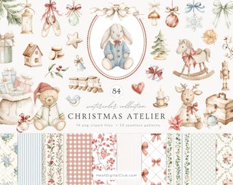 May include: Watercolor Christmas-themed clipart collection featuring a bunny, teddy bear, rocking horse, and other festive elements. Includes gift boxes, ornaments, and patterned backgrounds. The text reads "CHRISTMAS ATELIER".