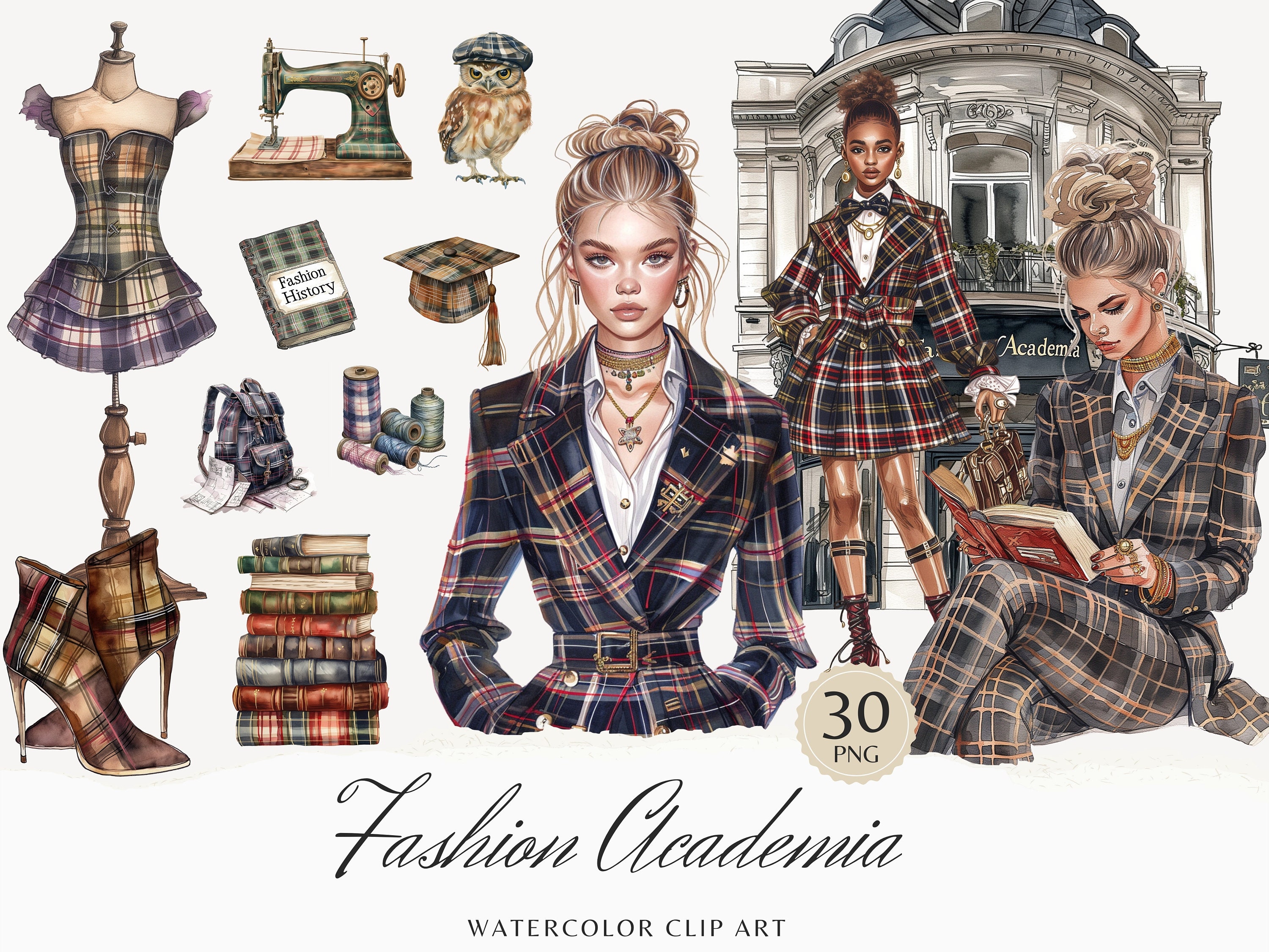 Watercolor Fashion Academia Clipart, Dark Academia Clip Art, Romantic Cottagecore PNG Bundle, Graduation, Commercial Use, Digital stickers