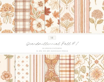 Watercolor Grandmillennial Fall 1 Seamless Patterns, Autumn Floral Tile, Stripes, Plaid (Digital Download)