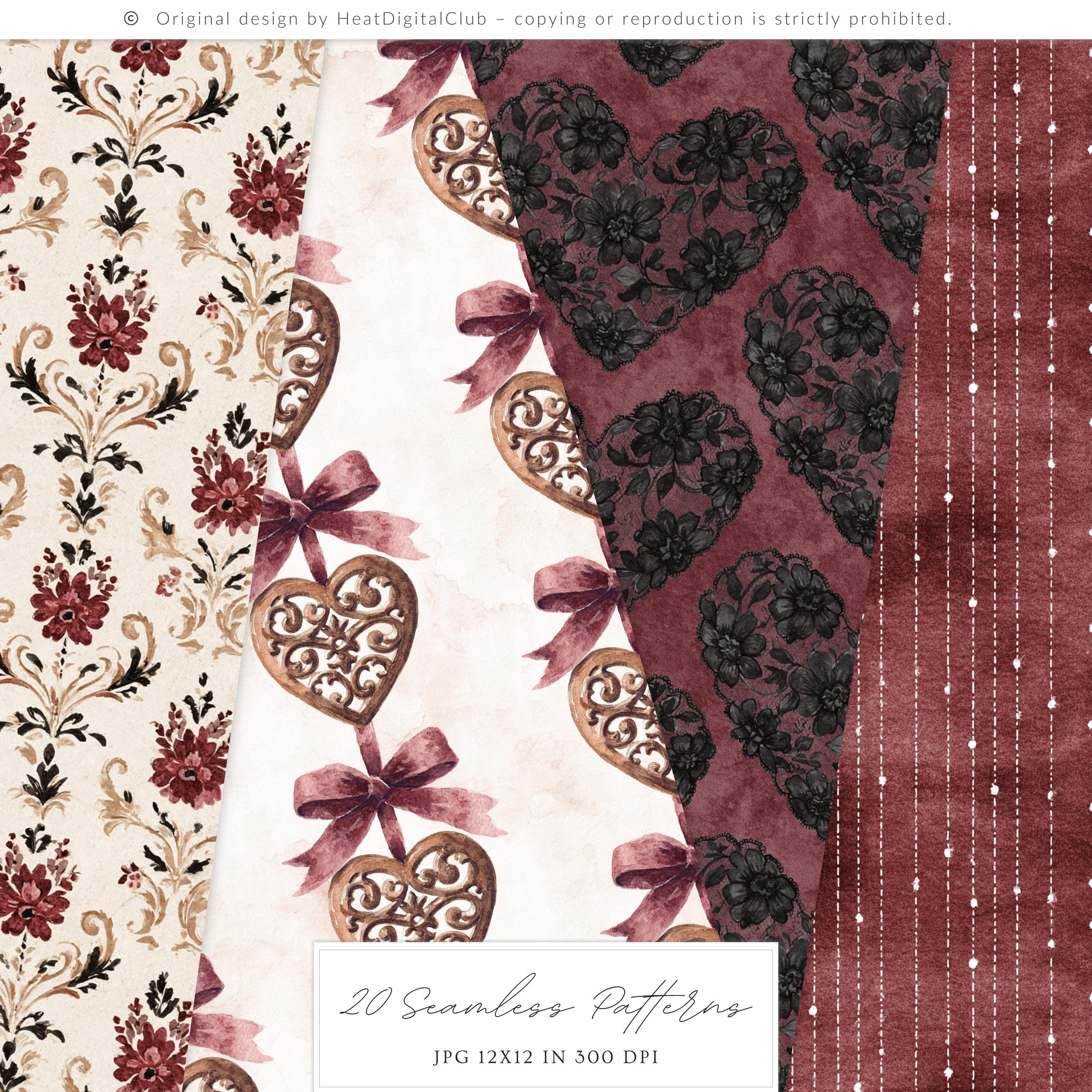 Watercolor Dark Romance Seamless Patterns, Gothic Valentine Digital ...