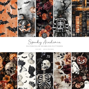 Aquarell Halloween Academia nahtlose Muster, gruseliges Gothic Blumen JPEG, Schädel, dunkel, Fledermäuse, digitales Rapportmuster, Scrapbook-Papier