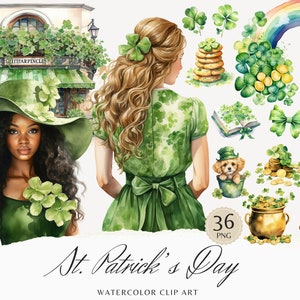 Clipart aquarelle de la Saint-Patrick, PNG de la Saint-Patrick, clipart irlandais, arc-en-ciel vert St Patricks Day clipart, clipart png vert patrick