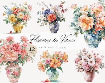 Watercolor Flower Vase Clipart, Floral Stickers (Digital Download)